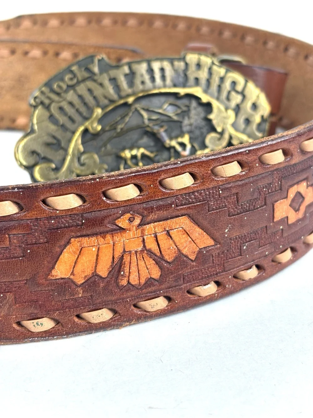 VTG Signed 1975 Rocky Mountain High Colorado Brass Buckle Tooled Leather Belt